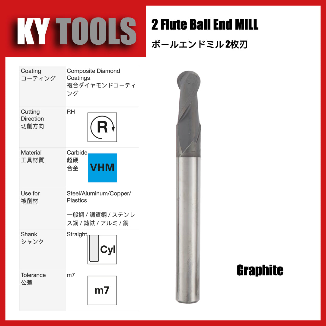 Carbide Ball End Mills, 2 Flute, for Graphite