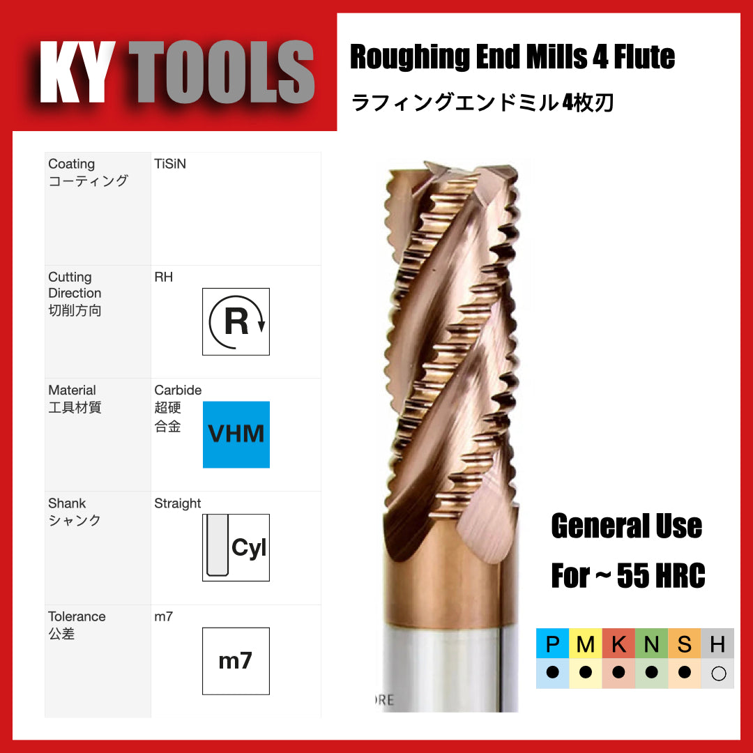 Carbide Roughing End Mills, 4 Flute, TiSiN Coating