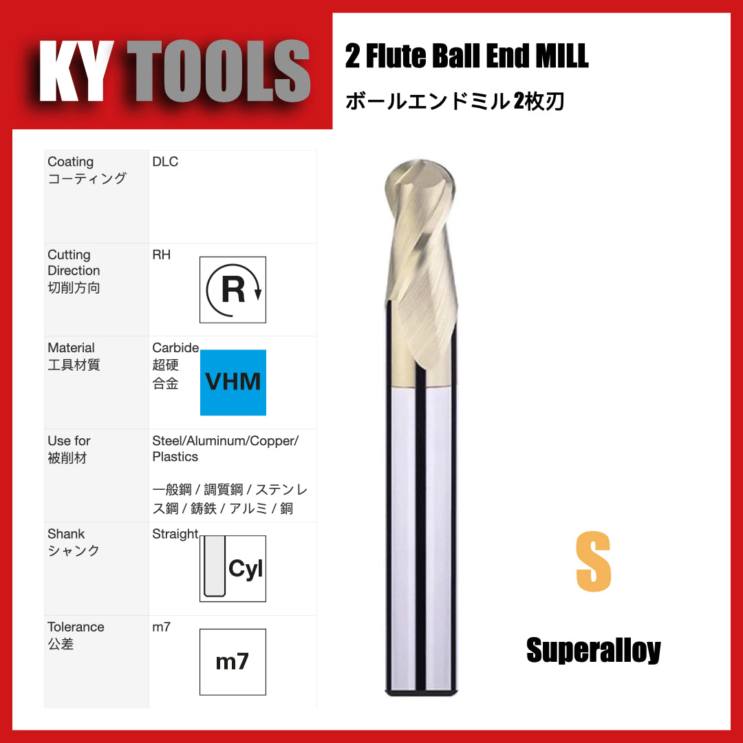 Carbide Ball End Mills, 2 Flute, for Superalloy