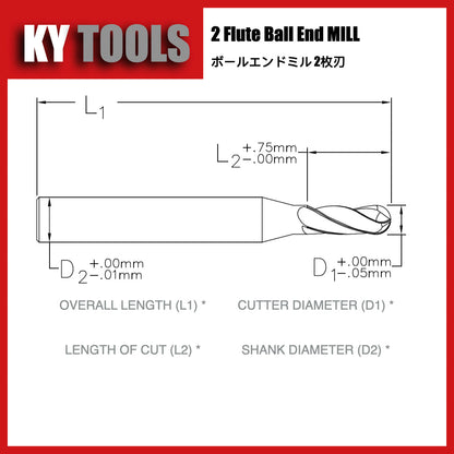 Fresas de punta esférica de carburo, 2 flautas, para superaleaciones