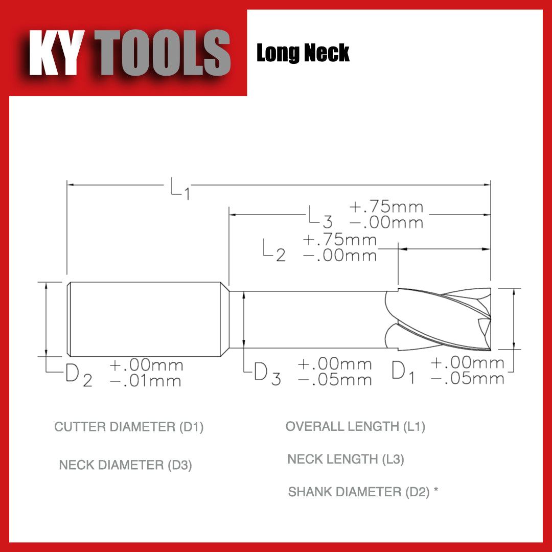 Square End Mill, Long Neck, Carbide, DLC Coated